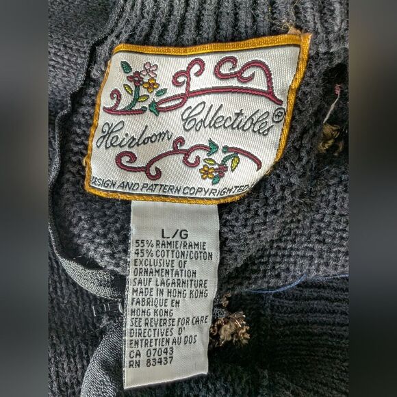 Black Embroidered Beaded Embellished Sweater Ramie Cotton L - Picture 5 of 13